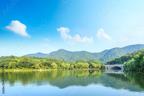 Green mountain and calm lake natural scenery in Hangzhou