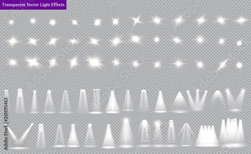 Light sources collection, concert lighting, stage beam spotlights lens flash effect and Bright Star. Light effects on transparent background.