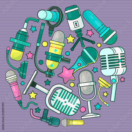 Special breaking news on TV round pattern vector illustration. Music festival. Live speech. Music recording. Wireless microphone for press and mass media. Journalistic interviews.