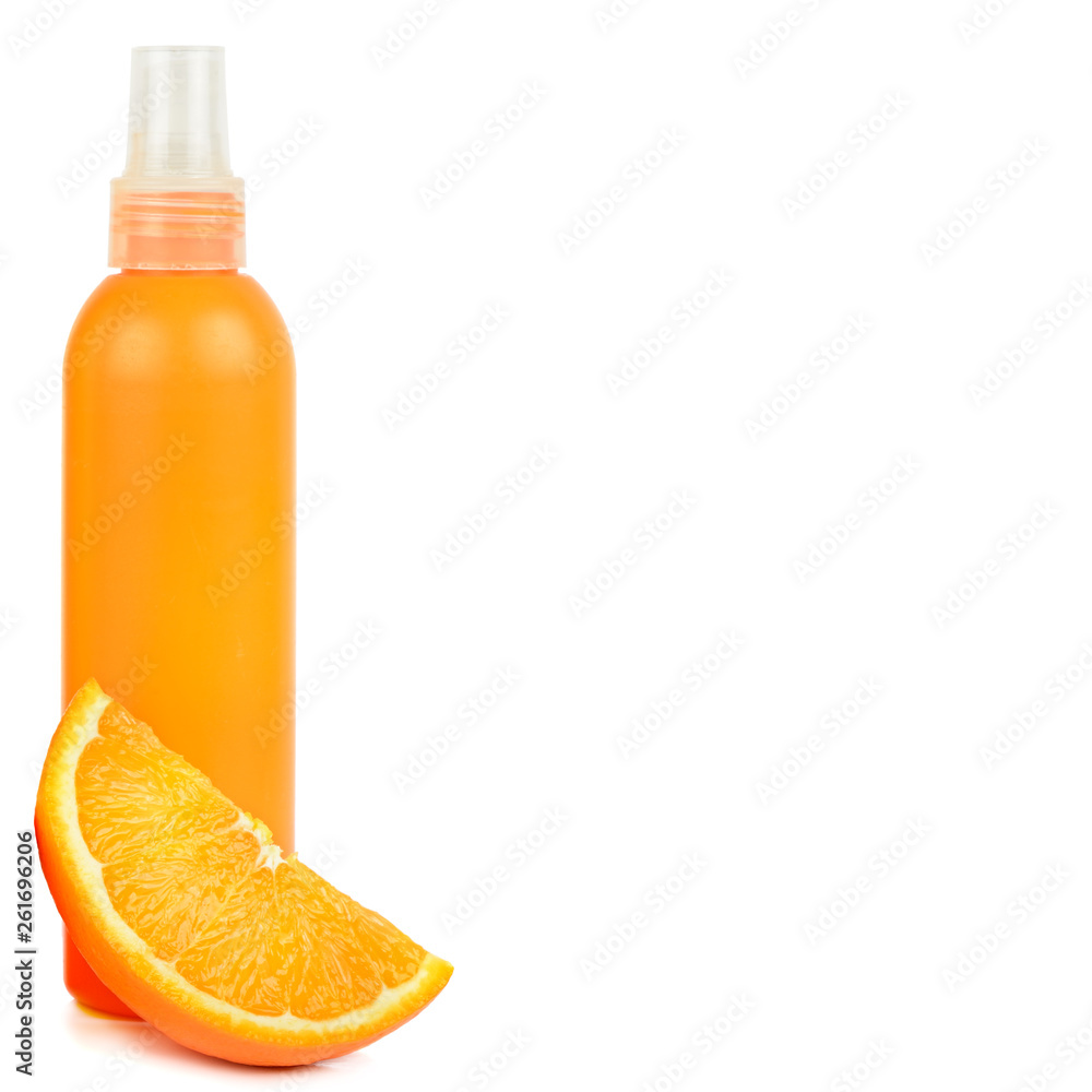 Orange natural cosmetic products: Suntan oil and lotion. Vials isolated on white background. Free space for text. Orange natural cosmetic products: Suntan oil and lotion. Vials isolated on white background. Free space for text.