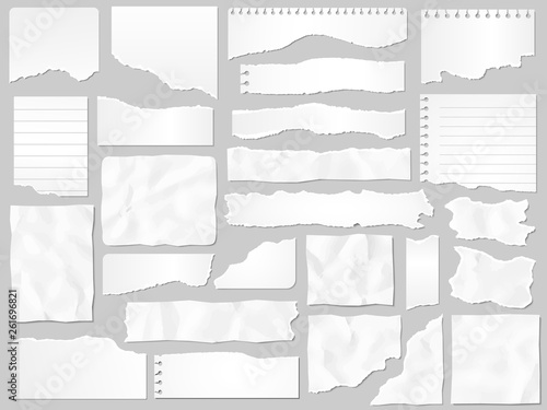 Paper scraps. Ripped papers, torn page pieces and scrapbook note paper piece vector illustration set