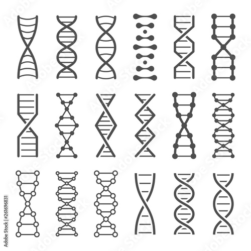 DNA spiral icon. Human genetics code, genom model and bio laboratory string spirals vector icons set