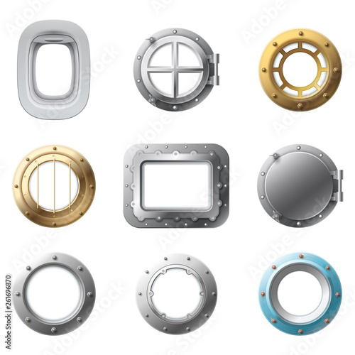 Realistic porthole. Airplane portholes, metal submarine cabin window and steel ship glass windows frame isolated 3d vector set