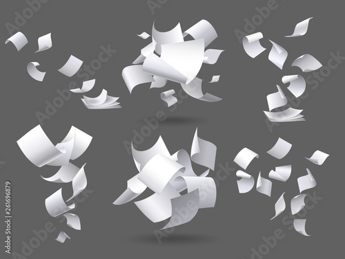Falling paper sheets. Flying papers pages, white sheet documents and blank document page on wind isolated vector illustration set photo