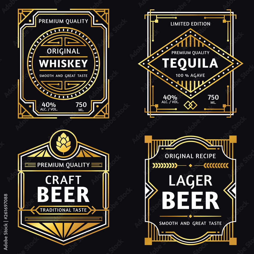 Vintage alcohol label. Art deco whiskey, tequila sign, retro craft and ager beer labels vector illustration