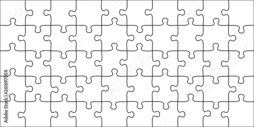 Puzzles pieces. 10x5 jigsaws grid, puzzle shape and join 50 piece game graphic vector illustration template
