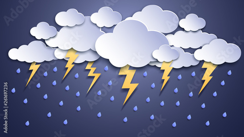 Summer thunderstorms. Storm clouds, thunderstorm lightning and rainy weather. Thunder and lightnings craft paper vector illustration photo