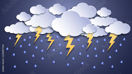 Summer thunderstorms. Storm clouds, thunderstorm lightning and rainy weather. Thunder and lightnings craft paper vector illustration
