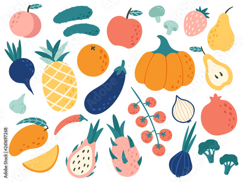 Fototapeta Naklejka Na Ścianę i Meble -  Hand drawn fruits and vegetables. Doodle organic food, vegan vegetable kitchen and doodles vector illustration set