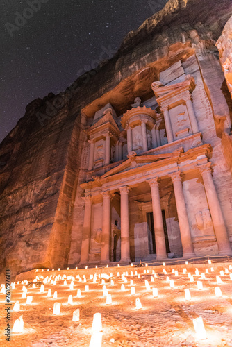 View of the Treasury during Petra By Night in Jordan under the starry sky