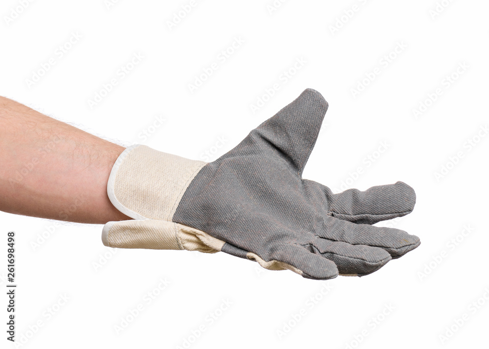 Worker showing outstretched palm gesture - offering or begging concept. Male hand wearing working glove, isolated on white background. Worker showing outstretched palm gesture - offering or begging concept. Male hand wearing working glove, isolated on white background.
