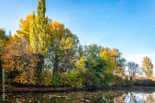 Autumn landscape trees with yellow leaves along the river and reflections in the water