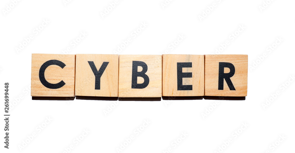 CYBER text on wooden cubes on white background - Image CYBER text on wooden cubes on white background - Image