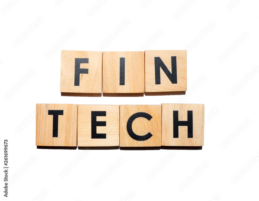 FINTECH text on wooden cubes on white background - Image FINTECH text on wooden cubes on white background - Image