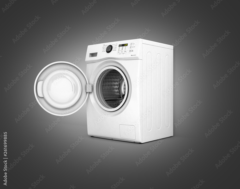 Washing machine with an open door on black gradient background 3d illustration