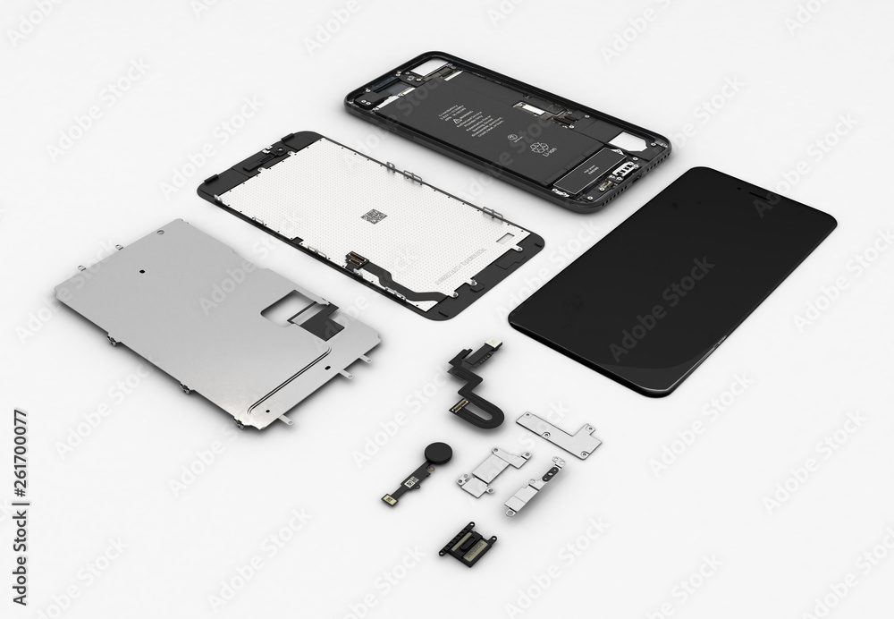 Fototapeta premium Flat Lay of smartphone components on white background 3d ilustration