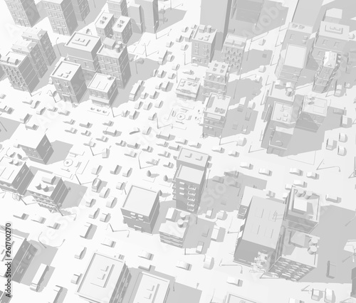 3d city buildings background street In light gray tones. Road Intersection traffic jam. High detail city view. Cars end cityscape top view. Vector illustration.
