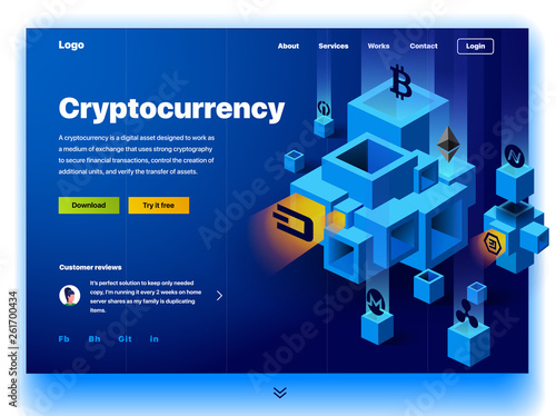Cryptocurrency website. Cryptocurrency and digital money technology concept vector website. Website template. The concept of a landing page for cryptocurrency trading. Blockchain technology. Bitcoin