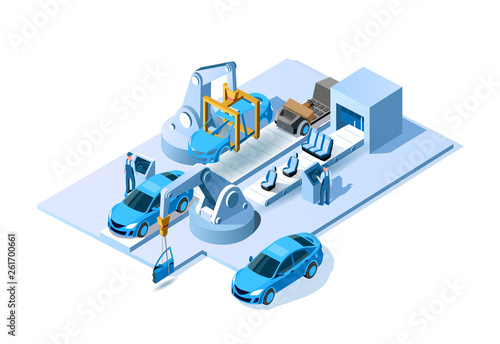 Car factory. Automobile plant. Automotive assembly line. Engineering systems automobile production line. Car manufacturing process. Conveyor for assembly of cars vector 3d isometric illustration