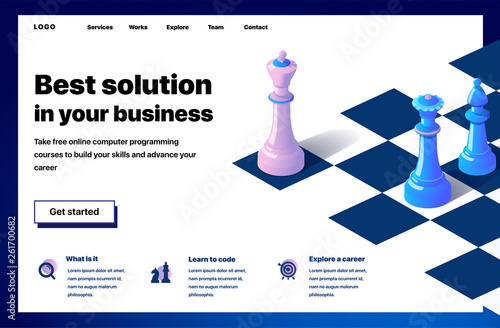 Website providing the service of best solution in your business. Concept of a landing page for best solution in your business. Vector website template with 3d isometric illustration of a chess