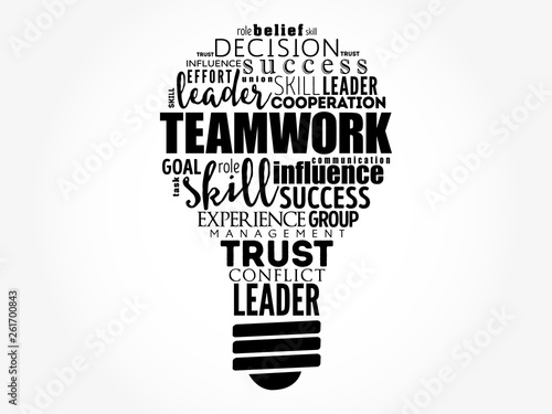 Teamwork light bulb word cloud, business concept background