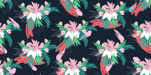 Beautiful Exotic Flowers and Leaves Pattern Vector  Illustration for Surface , Invitation , Notebook, Banner , Wrap Paper ,Textiles, Cover, Magazine ,Postcard Background ,Textile , Wallpaper, Fashion 