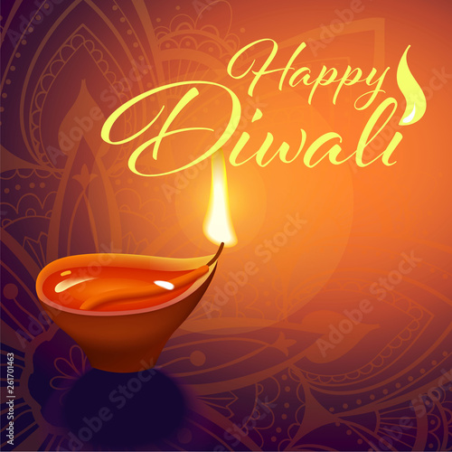 Post card for Diwali festival with realistic indian lamp with fire flame and mandala. Happy Diwali concept, insignia. Typography poster or logo for Diwali festival. Banner for web.