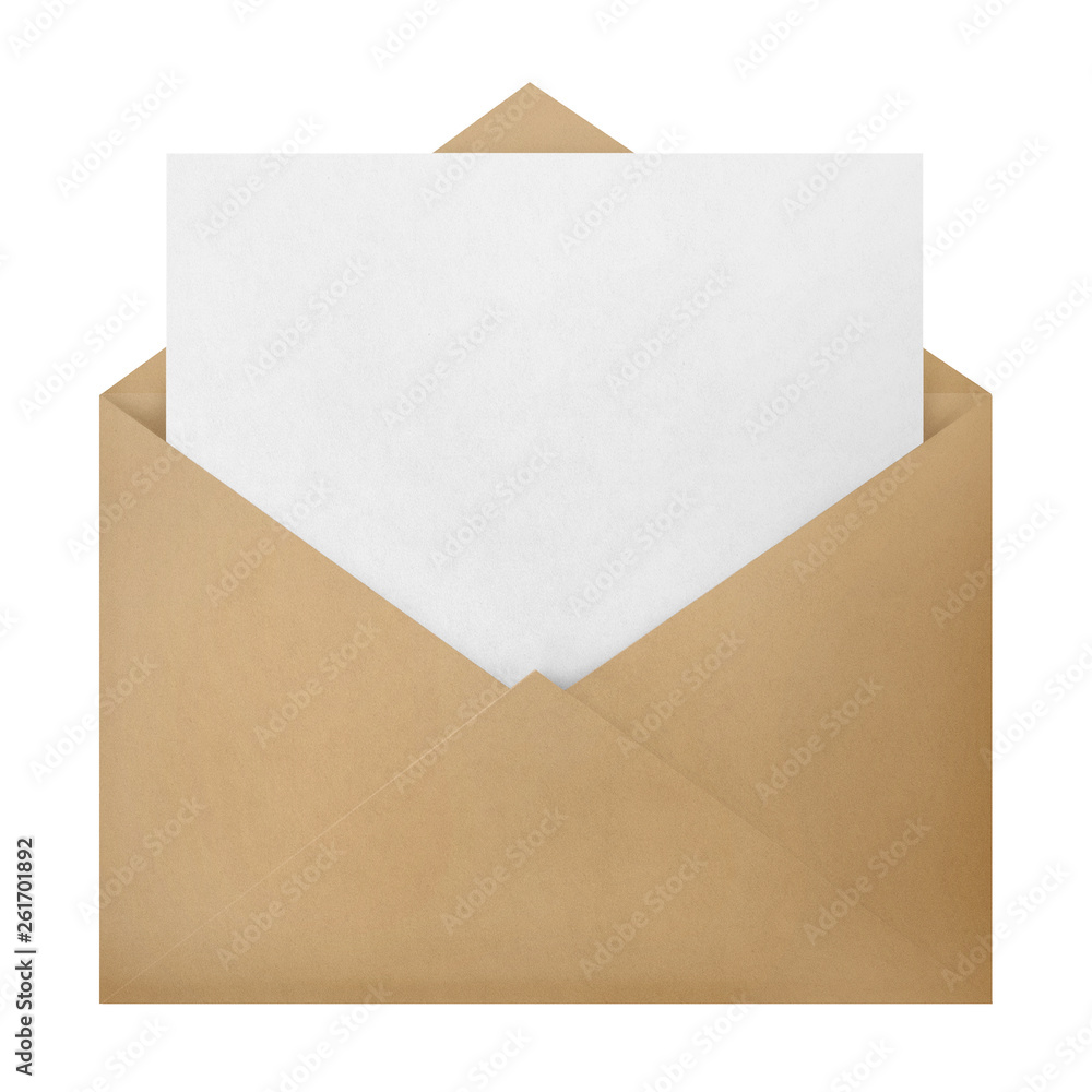 Open brown envelope with a blank paper inside, isolated on white background Open brown envelope with a blank paper inside, isolated on white background