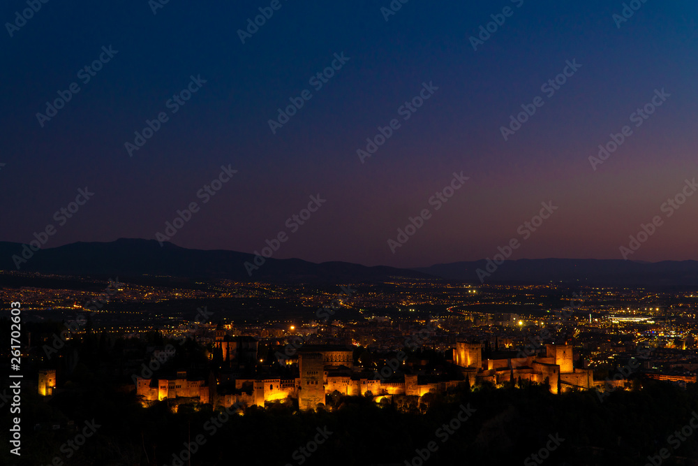 4k Amazing Alhambra At Dusk View. Palace and fortness complex. Granada, Spain