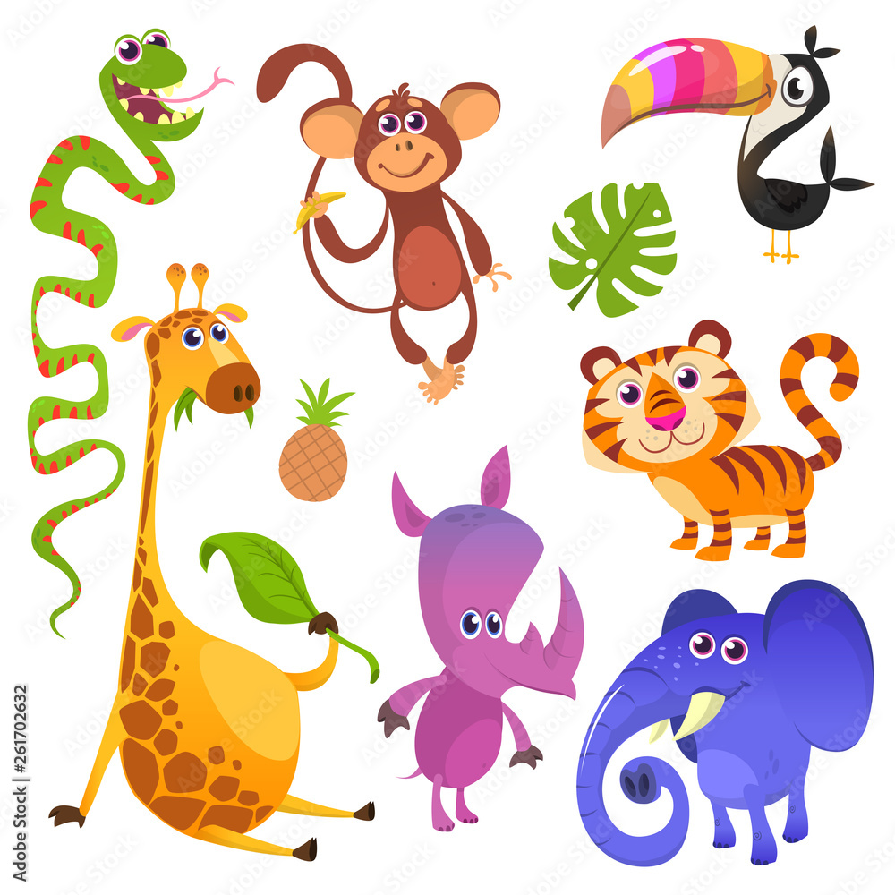 Naklejka premium Cartoon tropical animals characters. Wild cartoon cute animals collections vector flat illustration. Toucan, monkey, tiger, snake, elephant, rhino, giraffe