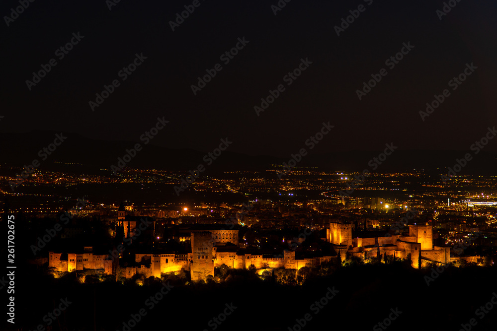 4k Night View of the famous Alhambra palace in Granada, Spain