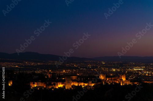 4k Amazing Alhambra At Dusk View. Palace and fortness complex. Granada, Spain