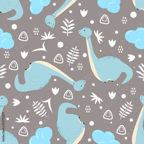 seamless pattern with cute blue dinosaur on gray background - vector illustration, eps © Hanna