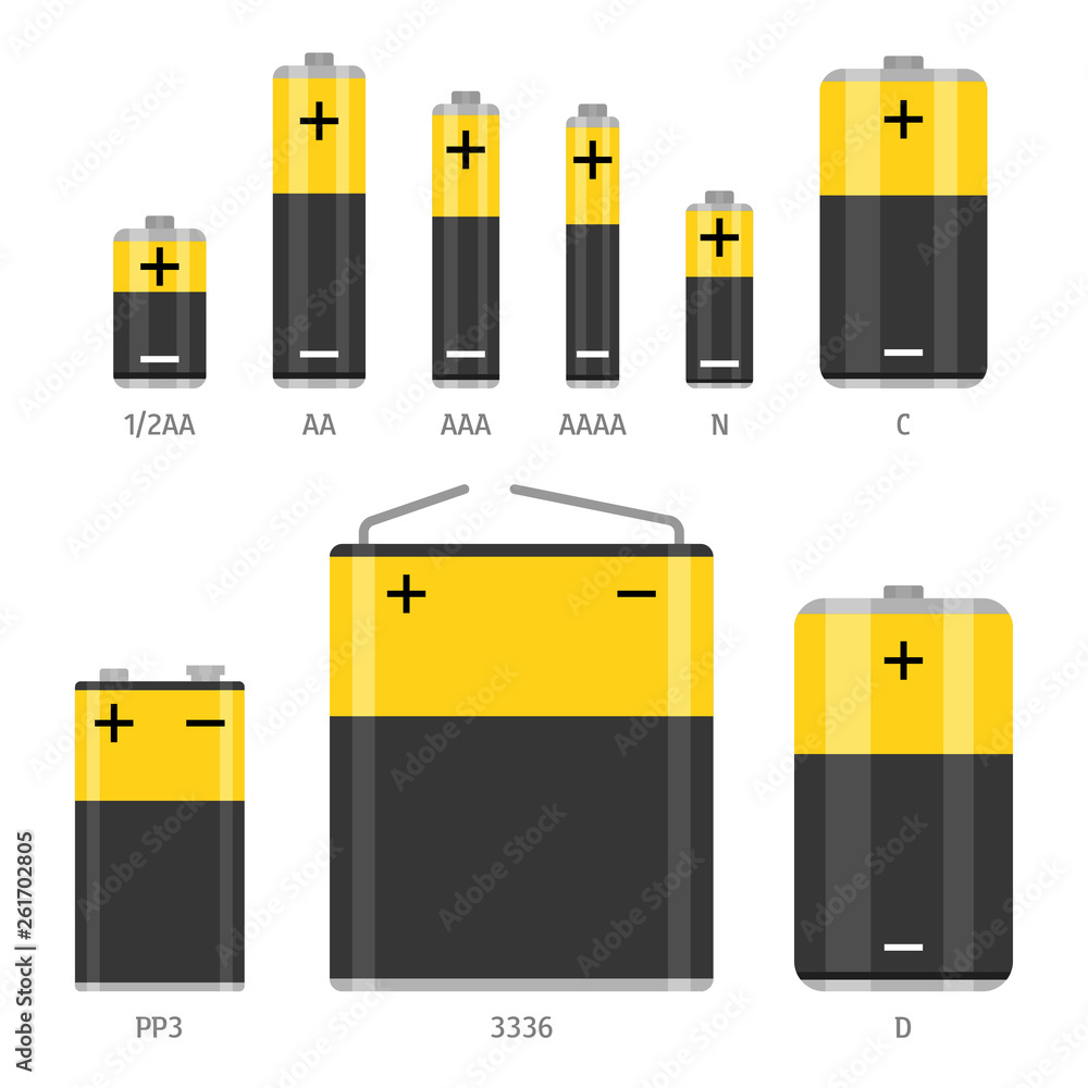 Alkaline battery different sizes icons set. Flat vector illustration isolated on white background Alkaline battery different sizes icons set. Flat vector illustration isolated on white background