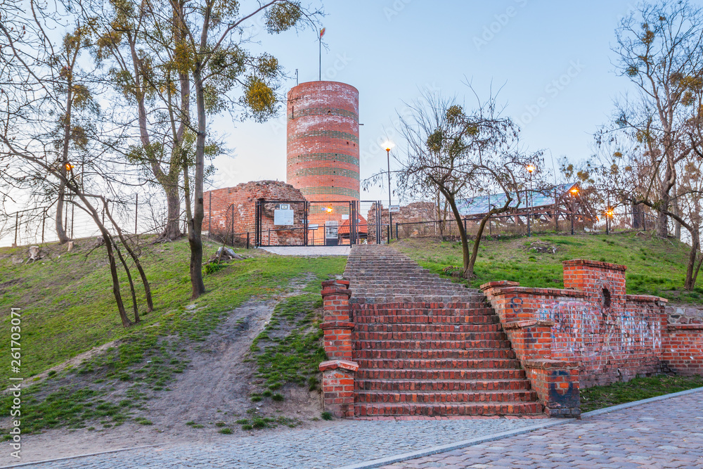 Klimek Tower. Observatory tower at the castle ruins at night. Grudziadz, Poland