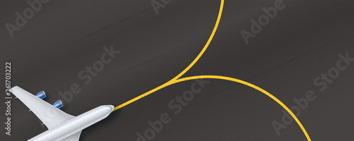Silver airplane above on the background of asphalt. The plane on the runway with yellow markings, vector illustration. Detailed concept of aircraft for travel. Jet commercial airplane