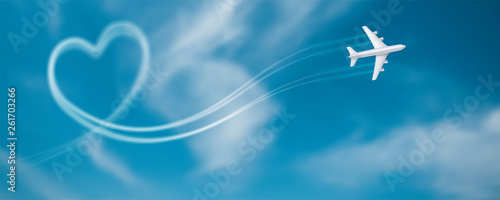 Flight route of the aircraft in the shape of a heart. Smoky line trace of airliner. Realistic icon of airplane in blue sky with clouds. Vector 3d illustration
