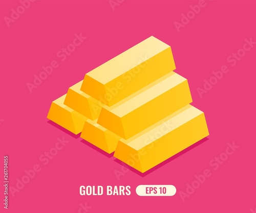 Stack of shining gold bars in flat isometric 3D style. Vector illustration.