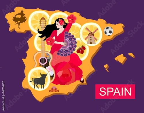 Stylized spain map with flamenco dancer girl, guitar, black bull, mill, football, pieces of lemon and toreador silhouette.