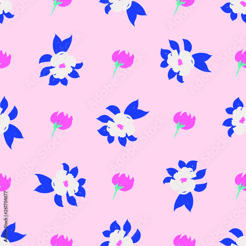 Flowers Seamless Pattern Print on Pink Background 