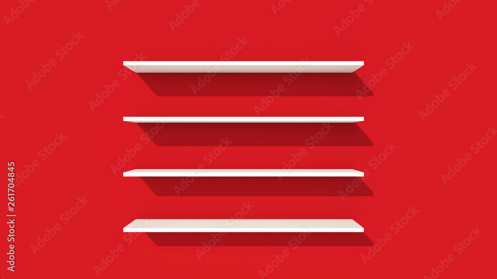 Empty Shelves and frame on red color wall background 3d rendering Empty Shelves and frame on red color wall background 3d rendering