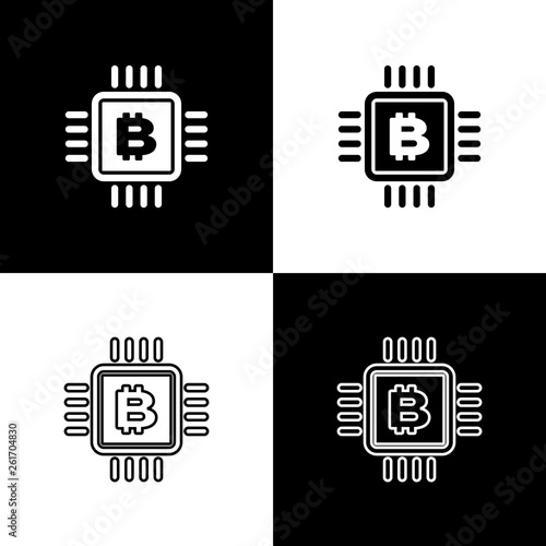Set CPU mining farm icons on black and white background. Bitcoin sign inside microchip. Cryptocurrency mining community. Digital money. Line, outline and linear icon. Vector Illustration