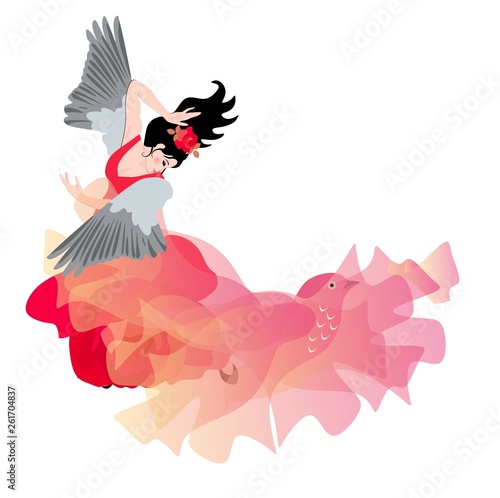Winged girl dancing flamenco with a shawl in the form of a flying bird. Beautiful card. Space for text.