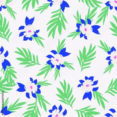 Seamless Pattern Texture with Flowers and Palm Leaves 