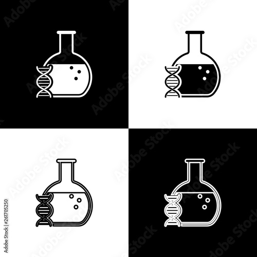Set DNA research, search icons isolated on black and white background. Genetic engineering, genetics testing, cloning, paternity testing. Line, outline and linear icon. Vector Illustration