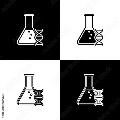Set DNA research, search icons isolated on black and white background. Genetic engineering, genetics testing, cloning, paternity testing. Line, outline and linear icon. Vector Illustration