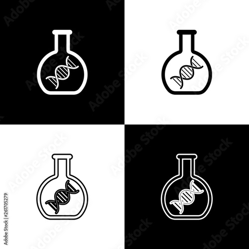Set DNA research, search icons isolated on black and white background. Genetic engineering, genetics testing, cloning, paternity testing. Line, outline and linear icon. Vector Illustration
