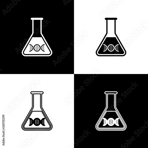 Set DNA research, search icons isolated on black and white background. Genetic engineering, genetics testing, cloning, paternity testing. Line, outline and linear icon. Vector Illustration