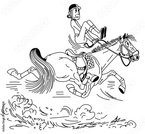 cartoon rider riding a horse . The adult man sitting on a fast trotting horseback and trying to balance in the saddle . Lesson of equestrian sport . Black and white  vector illustration