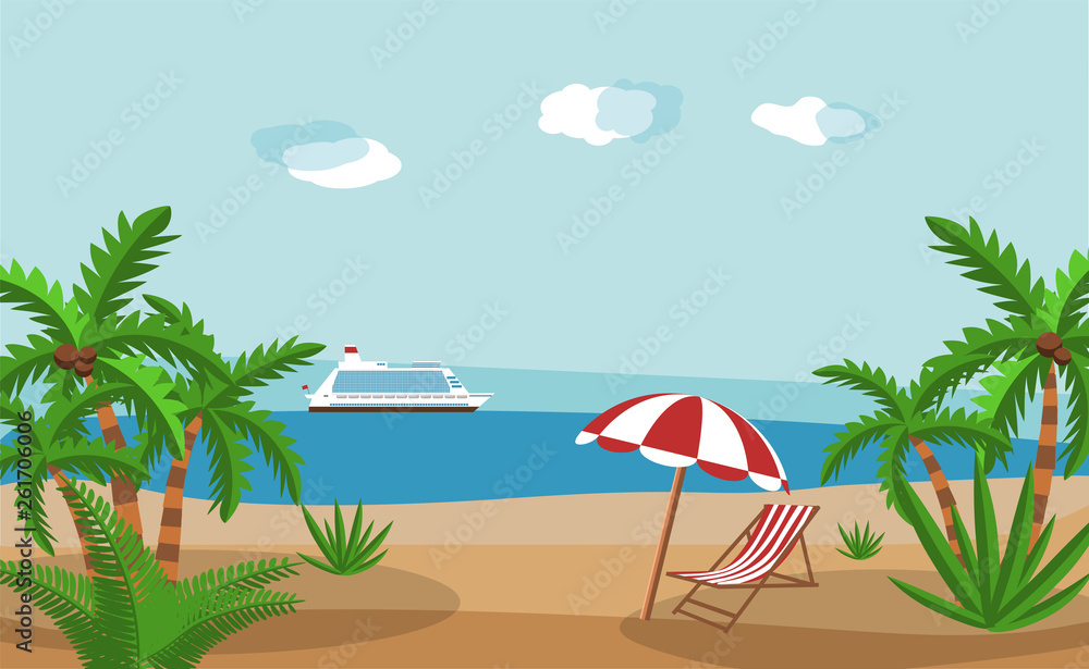 Landscape of wooden chaise lounge, palm tree on beach. Umbrella . Sun with clouds. Day in tropical place. Vector illustration in flat style